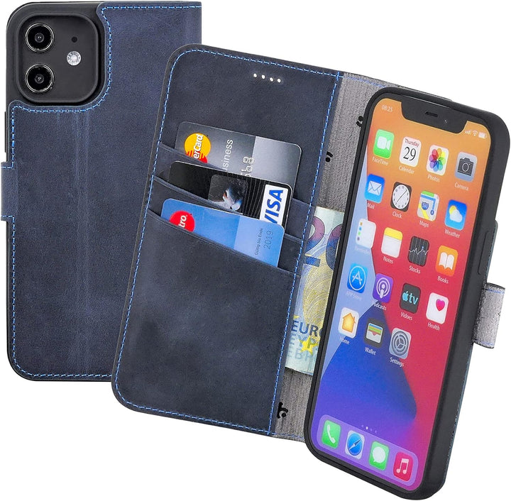 Suncase Book-Style Hülle kompatibel mit iPhone 12 Mini (5.4") Leder Tasche (Slim-Fit) Lederhülle Han