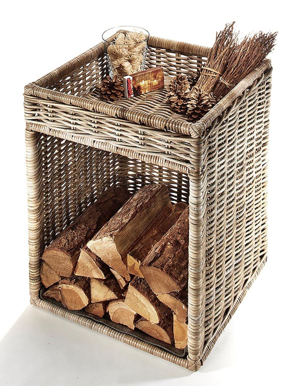 Kobolo Kaminholzregal für Kaminholz - mit Ablagefläche - Rattan grau - 50x50x70 cm