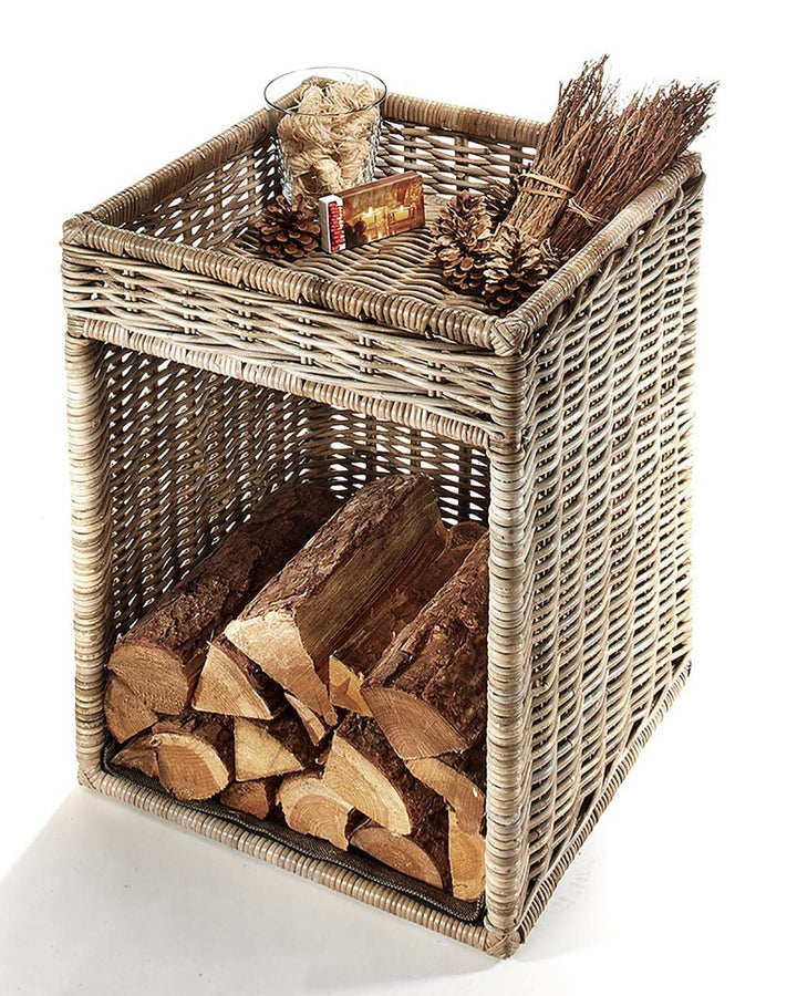 Kobolo Kaminholzregal für Kaminholz - mit Ablagefläche - Rattan grau - 50x50x70 cm