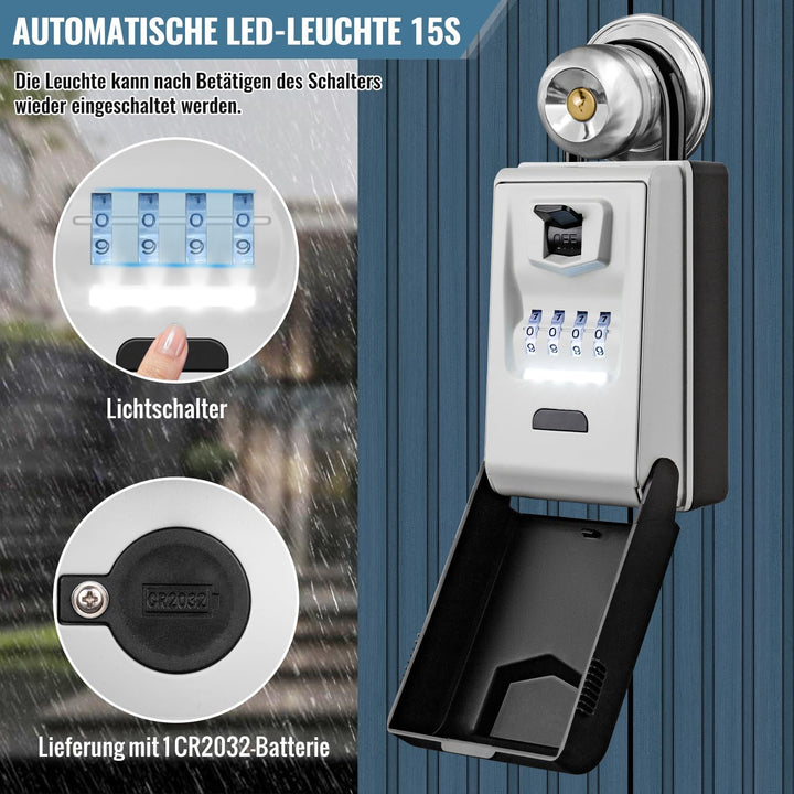ENONEO Schlüsseltresor mit Beleuchteten Zahlencode Aussen Schlüsseltresor mit Bügel, Wetterfest Schl