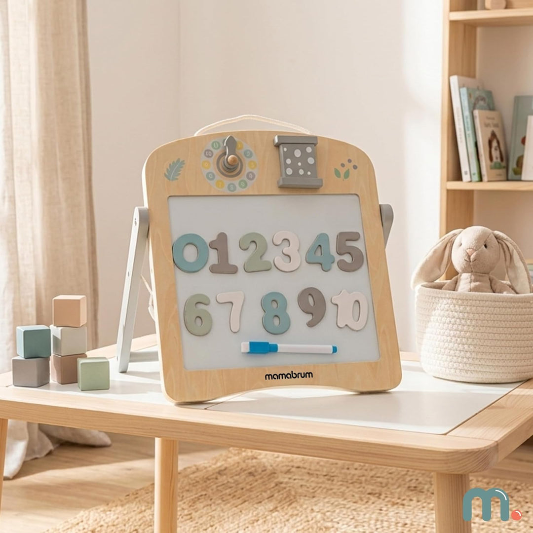 Mamabrum Holz-Lerntafel 2in1 für Kinder, Doppelseitige Magnettafel mit Formensorter, Abakus und Uhr