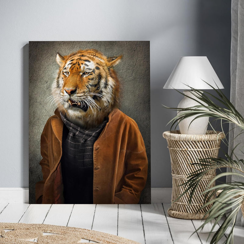 wandmotiv24 Leinwand-Bild Casual Tiger, Grösse 80x60cm, Hochformat, Wandbilder, Dekoration Wohnzimme