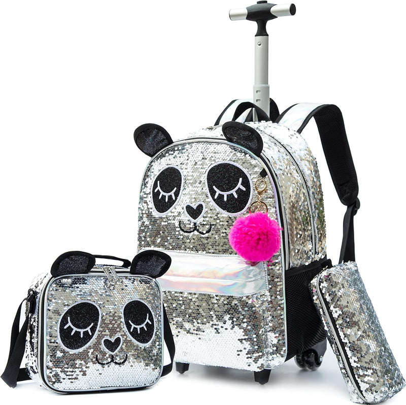 HTgroce Trolley Rucksack Kinder Mädchen,Panda Kinder Trolley Schultasche mit Rollen Rucksack Schultr