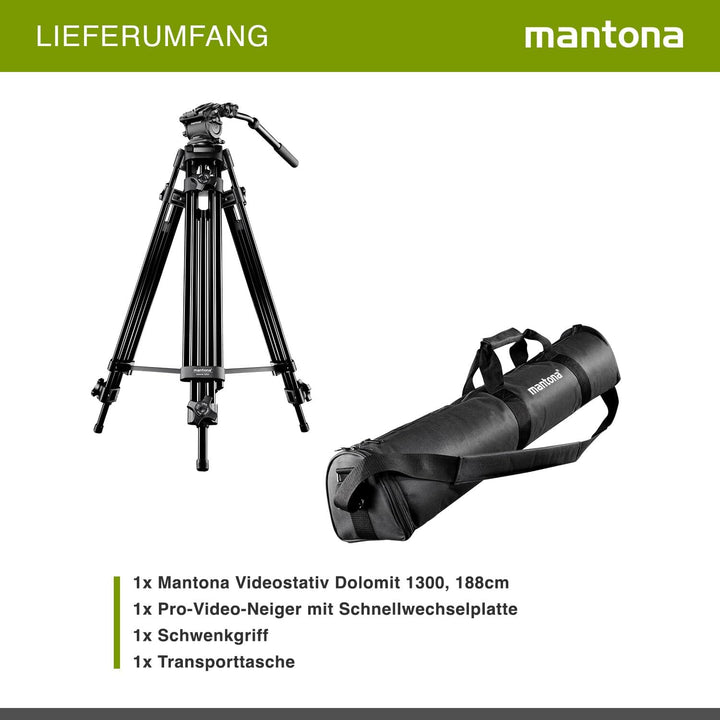 Mantona Dolomit 1300 Videostativ, 188 cm (inkl. Fluid-Neiger mit Wasserwaage, Schnellwechselplatte,