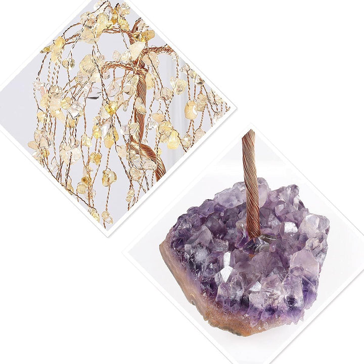 mookaitedecor Natürlicher Citrin-Kristall-Baum mit Amethyst-Cluster-Kristall-Basis, Feng Shui Bonsai