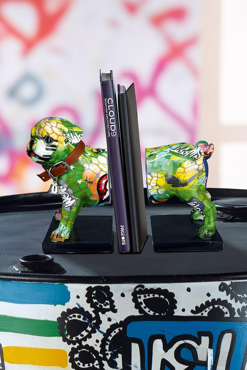 Casablanca Deko 1 Paar Buchstützen - Tierfigur Mops Hundefigur mit Halsband Glocke - Street Art Graf