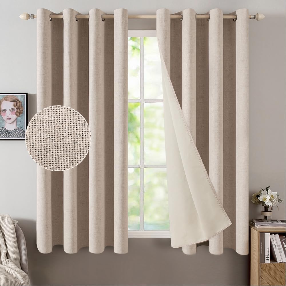 MIULEE Verdunklungsvorhänge mit ösen Gardinen Leinenoptik 2er Set 145 x 140 cm Beige Vorhang Blickdi