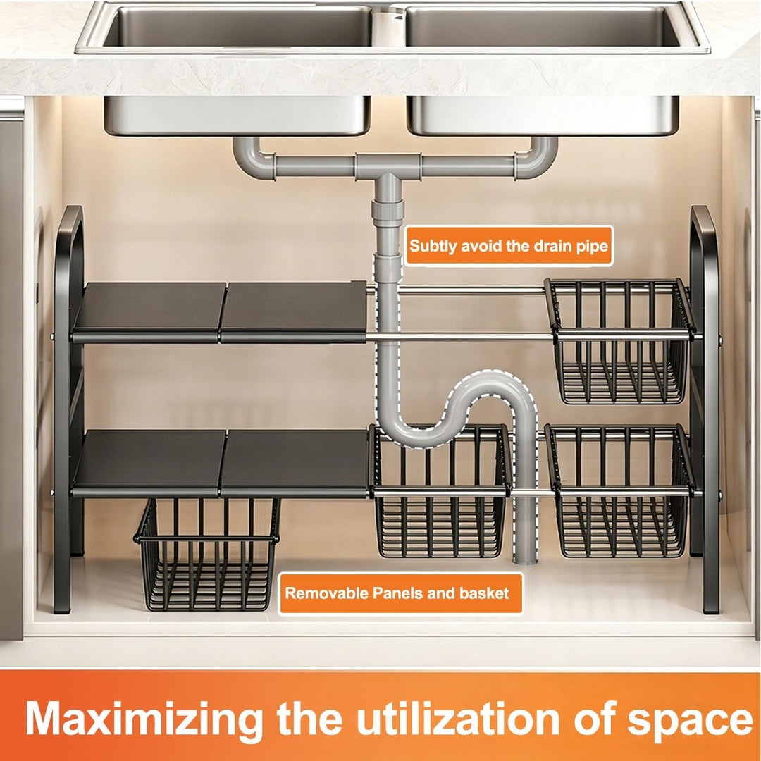 devesanter 2-stöckig Unter-Spülschrank Organizer,verstellbar 52–90 cm,4 herausnehmbare Körbe & 4 abn