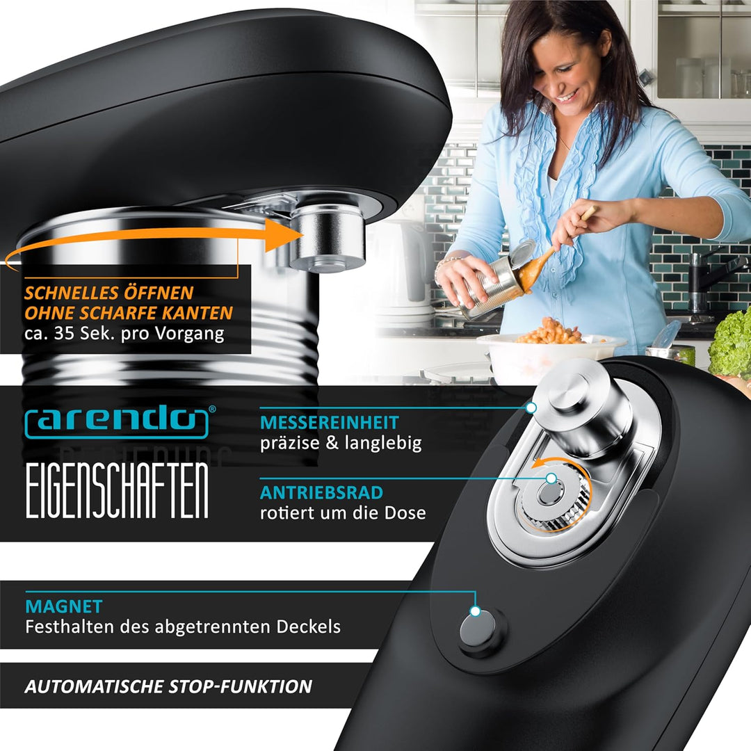 Arendo - Elektrischer Dosenöffner One Touch - mit automatischer 360° Drehung - Öffnung ohne scharfe