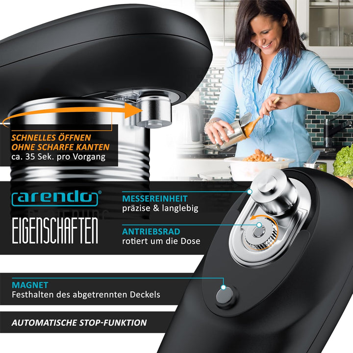 Arendo - Elektrischer Dosenöffner One Touch - mit automatischer 360° Drehung - Öffnung ohne scharfe