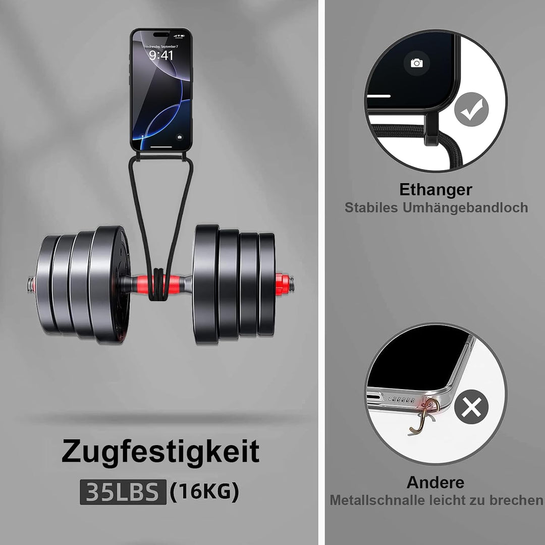 Handyband für iPhone 16 Pro Max Hülle mit Band + 2 Stück Glas Schutzfolie Transparent Silikon Handyh