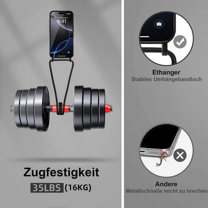 Handyband für iPhone 16 Pro Max Hülle mit Band + 2 Stück Glas Schutzfolie Transparent Silikon Handyh