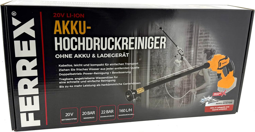 FERREX 20V Akku-Hochdruckreiniger, 20 bar, 160 l/h, Kabelloser Bewässerung und Reinigung, mit 6m Sch