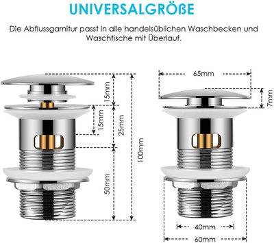 Wasserrhythm Universal Siphon mit Ablaufgarnitur für Waschbecken und Waschschalen mit Überlauf, Chro