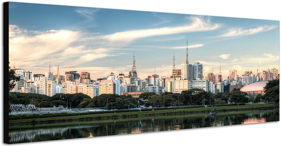 Panoramabild auf Leinwand und Keilrahmen 150x50cm Brasilien Sao Paulo Skyline Meer Spiegelung