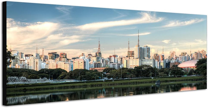 Panoramabild auf Leinwand und Keilrahmen 150x50cm Brasilien Sao Paulo Skyline Meer Spiegelung