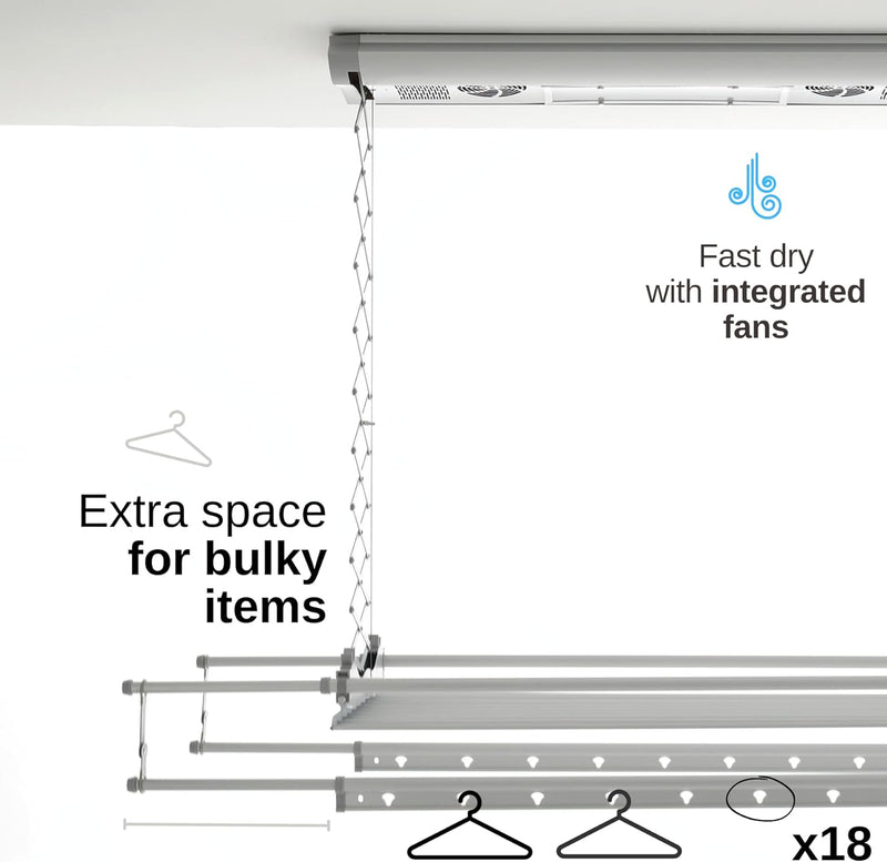 Foxydry Air Kompakter elektrischer Wäscheständer für Wand oder Decke mit Fernbedienung in Aluminium