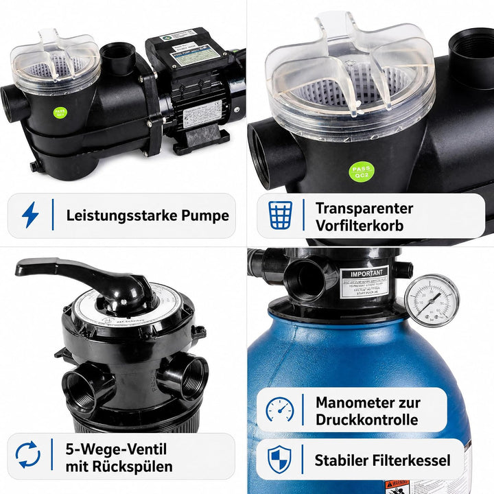 HST Profi Leis Sandfilteranlage 8 m3, 8000 Liter/Std, 250 W | Erweiterbare Filterpumpe mit geringer