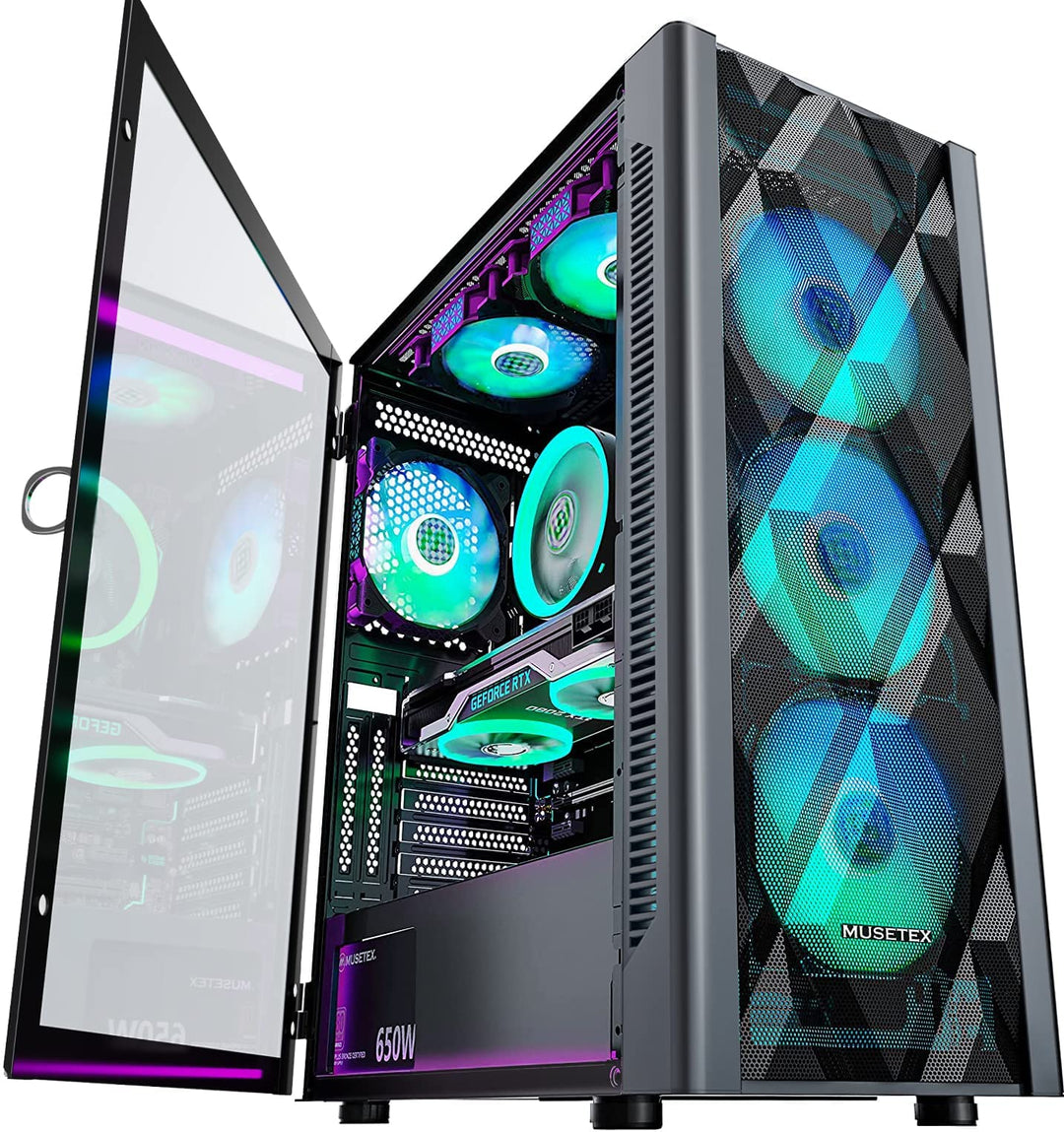 MUSETEX ATX PC Gehäuse Pre-Install 6 PWM ARGB Lüfter, Polygonal Mesh Computer Gaming Gehäuse, Öffnun