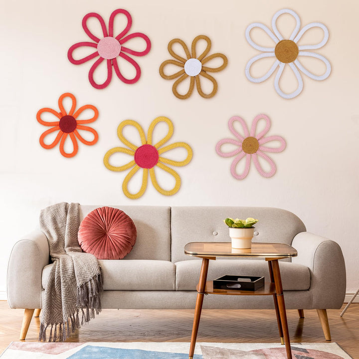 Barydat 6 Stück Boho-Kinderzimmer-Dekoration, Gänseblümchen, gewebter Makramee-Wandbehang, 3 Grössen