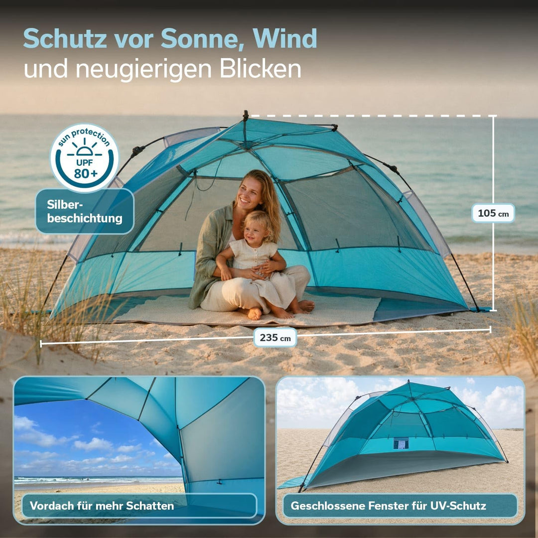 Skandika Strandmuschel Skal Quick-Start | Strandzelt, UV-Schutz 80+, 360° Mesh-Panoramafenster, Wind