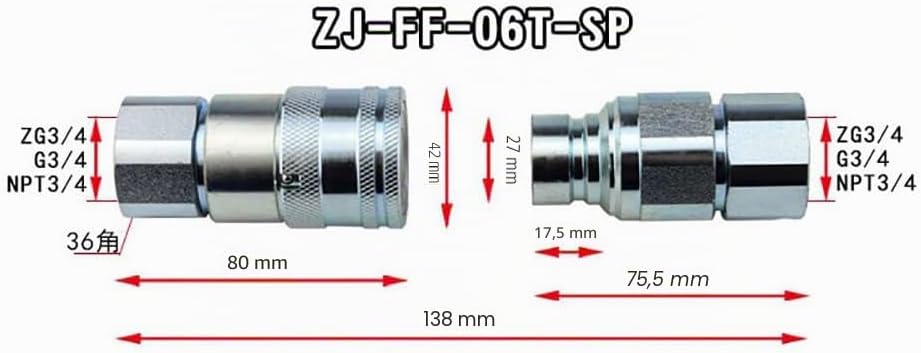 Hydraulische Schnellkupplungen, flache Oberfläche, BSP, Schnellentriegelungs-Anschluss, G3/4 Ausseng