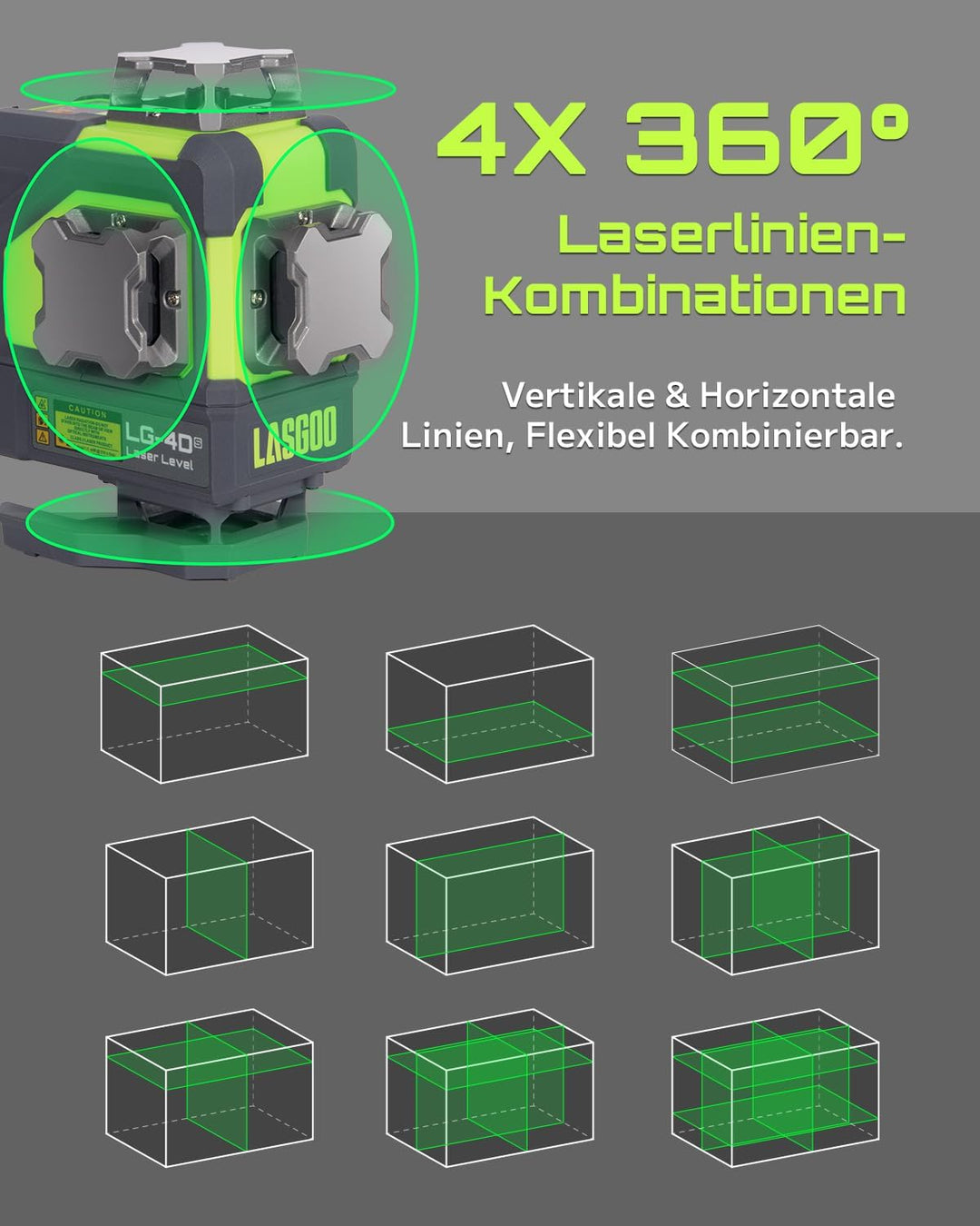 LasGoo 4x360° selbstnivellierendes Laser-Nivellier, 16 Linien grünes Kreuz, für Bauprojekte und Heim