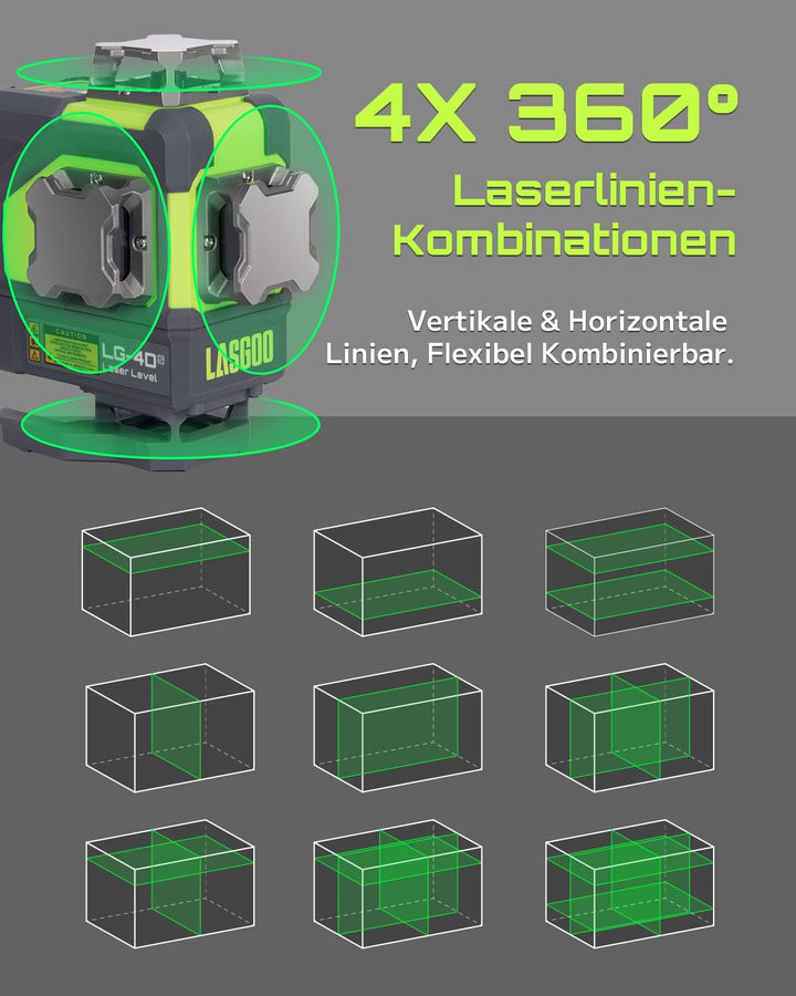 LasGoo 4x360° selbstnivellierendes Laser-Nivellier, 16 Linien grünes Kreuz, für Bauprojekte und Heim