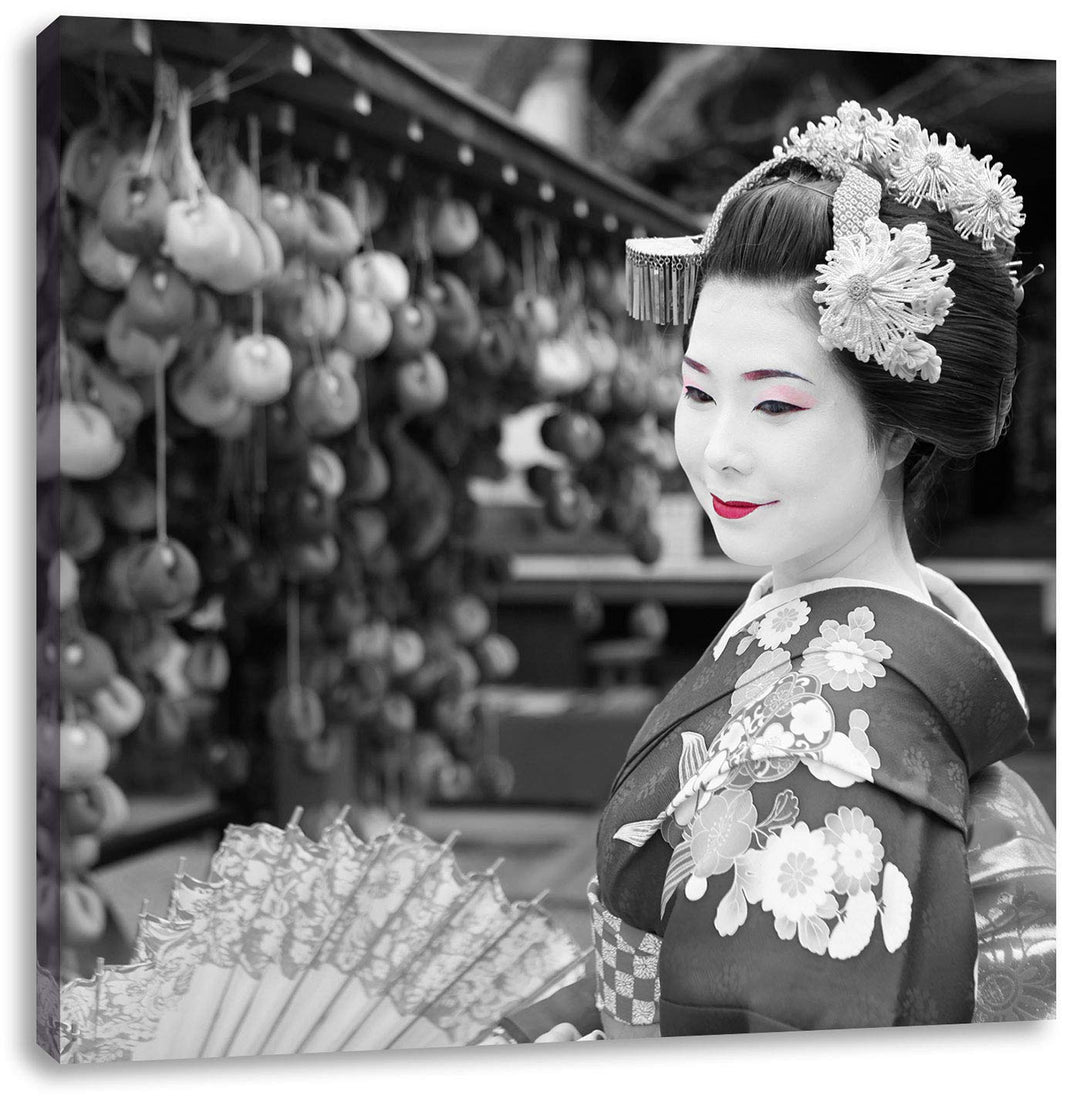 Pixxprint schöne Geisha mit Fächer als Leinwandbild/Grösse: 70x70 cm/Wandbild/Kunstdruck/fertig besp