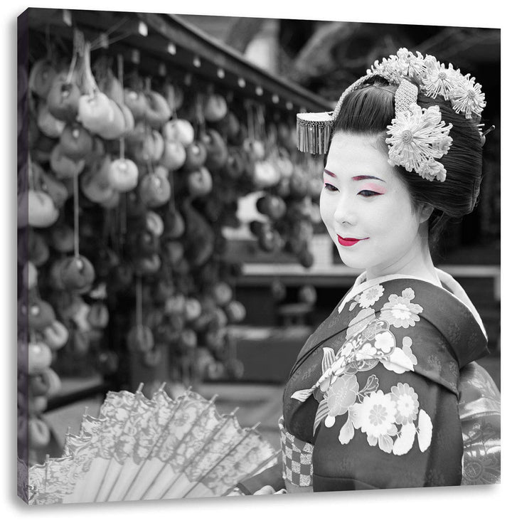 Pixxprint schöne Geisha mit Fächer als Leinwandbild/Grösse: 70x70 cm/Wandbild/Kunstdruck/fertig besp
