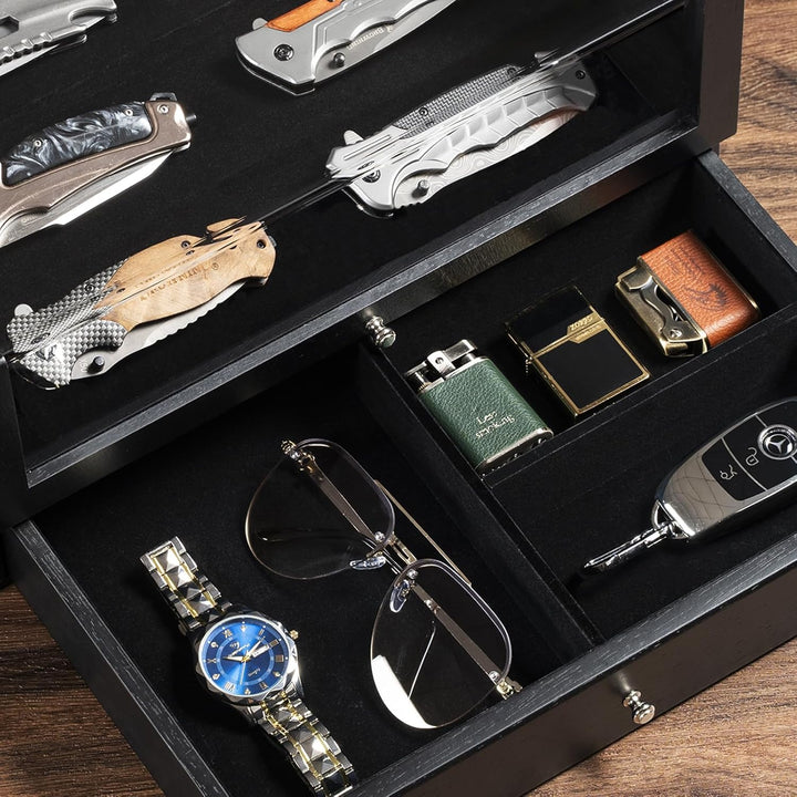 2 Etagen Messerhalter, Holz Messerständer, Messer Vitrine mit Schublade und Hochauflösendem Glas, Sa
