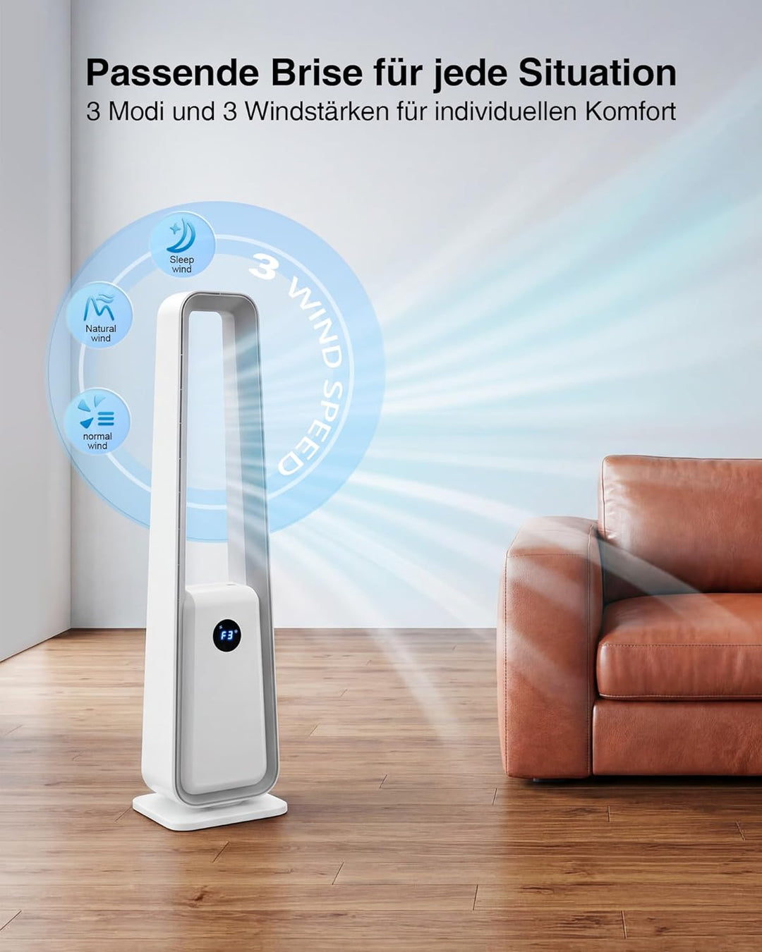 Leise Rotorloser Turmventilator mit Fernbedienung: 75° Oszillation Blattloser Ventilator 3 Modi & 12