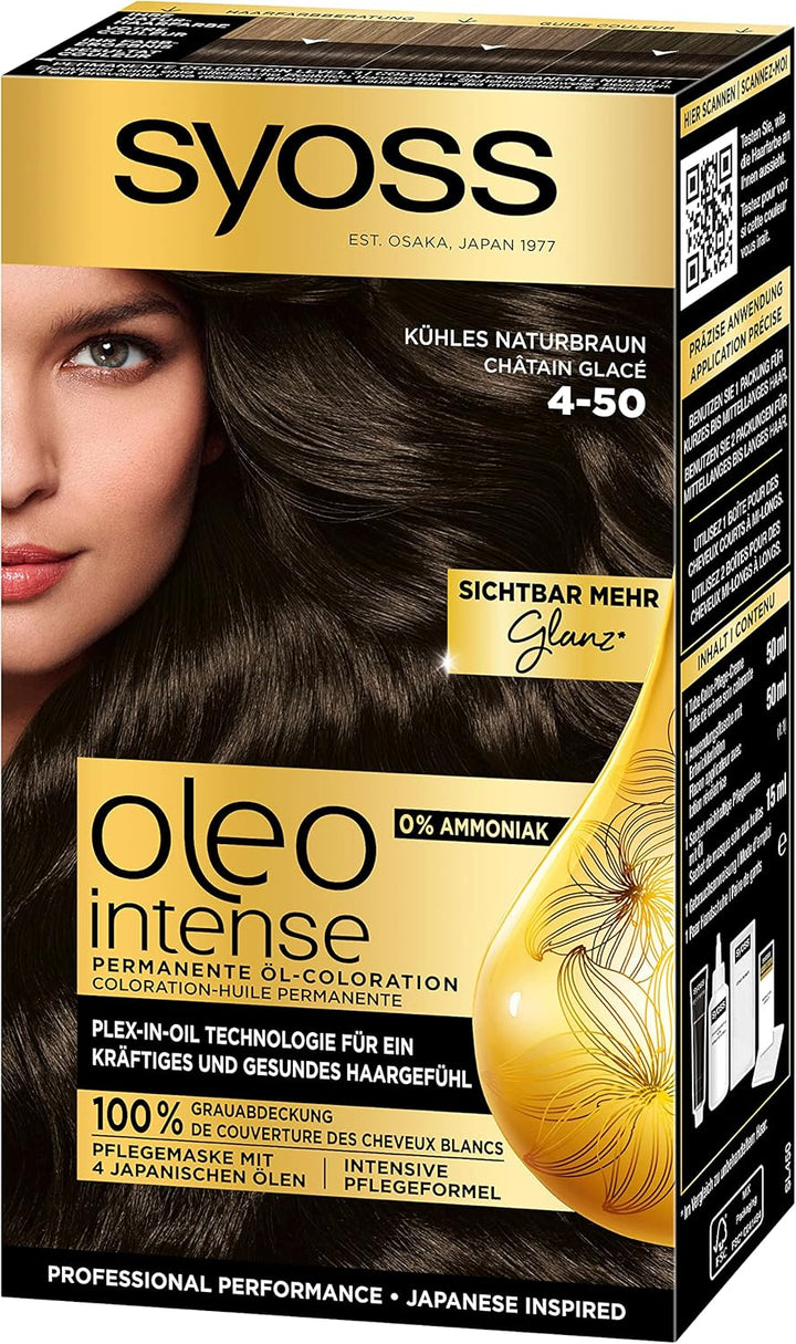 Syoss Oleo Intense Öl-Coloration 4-50 Kühles Naturbraun Stufe 3 (115 ml), dauerhafte Haarfarbe mit p