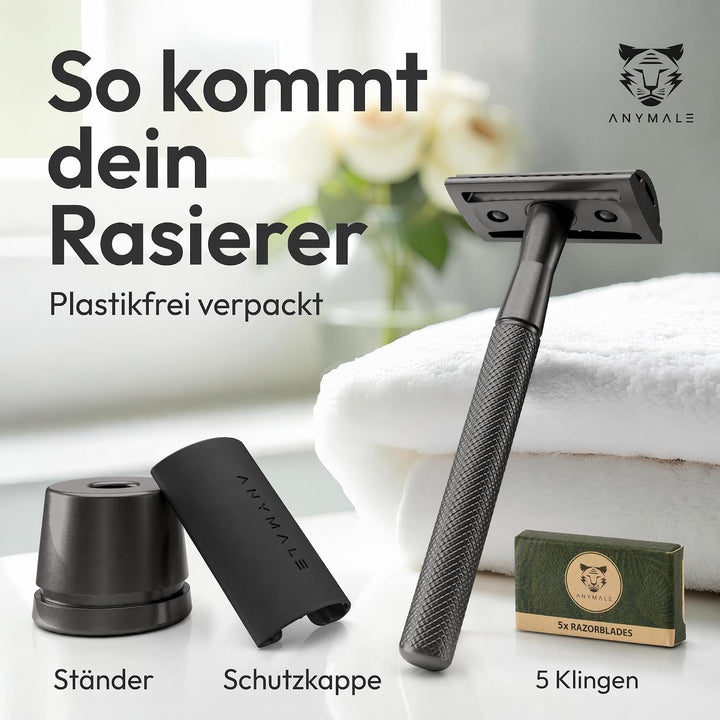 ANYMALE® Rasierhobel Black Edition - Set mit Ständer und 5 ASTRA Klingen - Zero Waste Rasierer für D