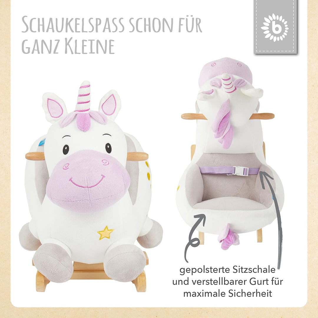 Bieco Plüsch Schaukeltier Einhorn, 60 cm | Kinder Schaukelstuhl mit Sicherheitsgurt | Baby Schaukel