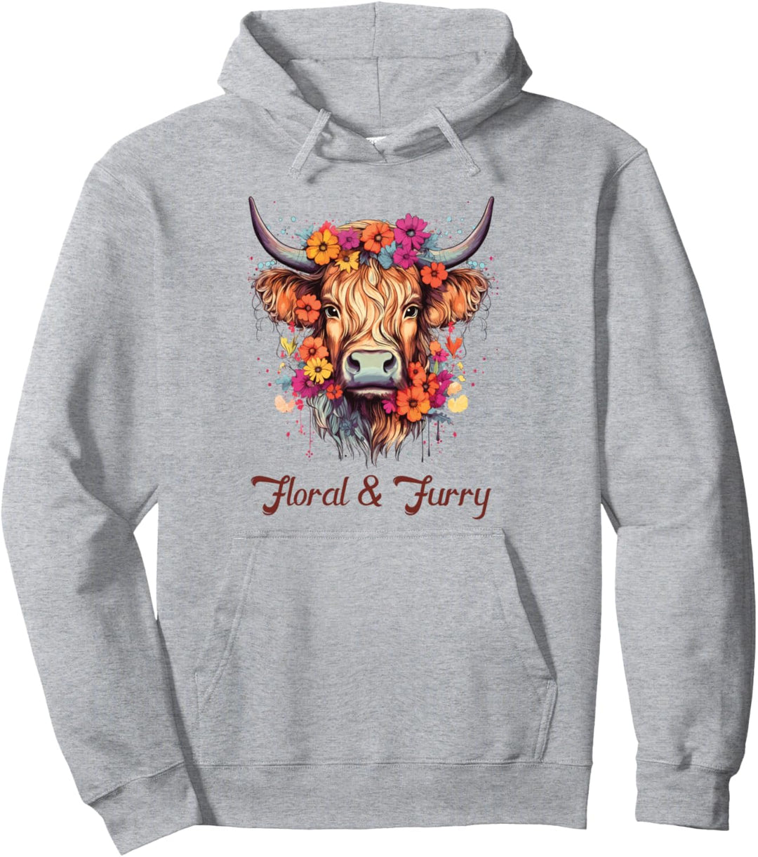Floral & Furry Highland Cow Pullover Hoodie
