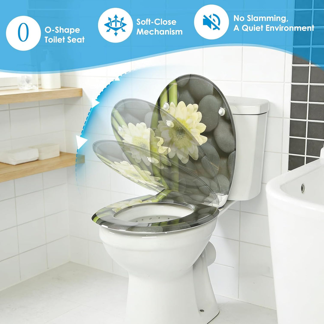 Duroplast-Toilettensitz, O-förmiger Toilettendeckel mit Soft-Close-Mechanismus, Edelstahlscharnier,