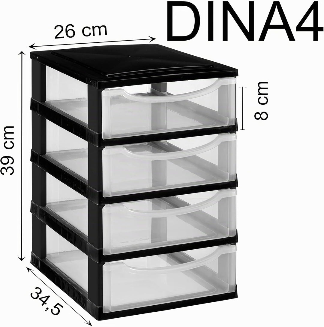 Hummelladen Schubladenbox DIN A4 mit 4 Schubladen 34,5x26x39 cm - Weiss-transparent Kunststoff Drawe
