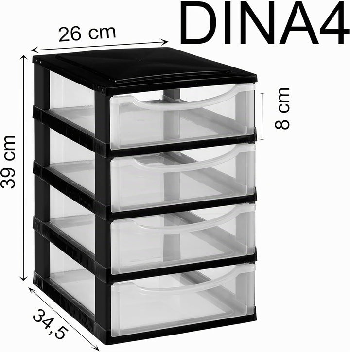 Hummelladen Schubladenbox DIN A4 mit 4 Schubladen 34,5x26x39 cm - Weiss-transparent Kunststoff Drawe