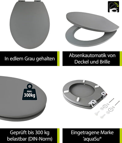 'aquaSu® WC-Sitz mit Absenkautomatik in grau | Stabiler Holzkern Toilettendeckel | Soft-Touch Toilet