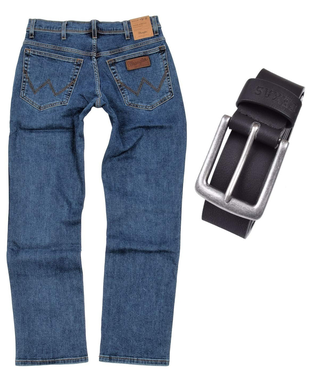 Wrangler Texas Stretch Herren Jeans Regular Fit inkl. Gürtel 32W / 30L Stonewash, 32W / 30L Stonewas