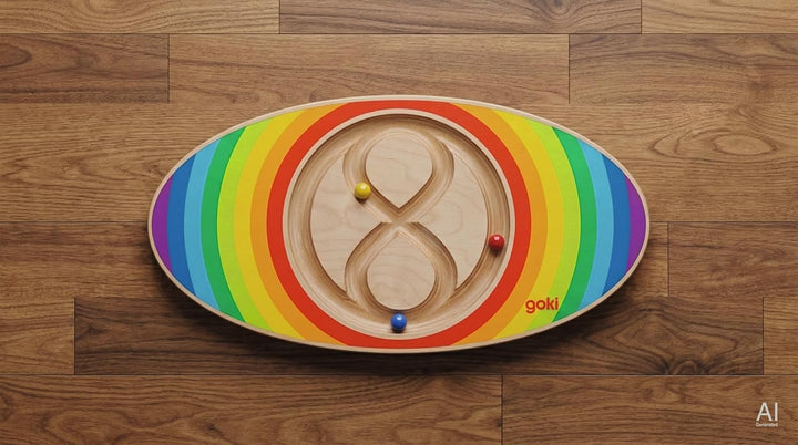 goki Evolution 59962 - Balance Board Labirinto aus Holz, 3 Bunte Mumeln zum ausbalancieren, fördert