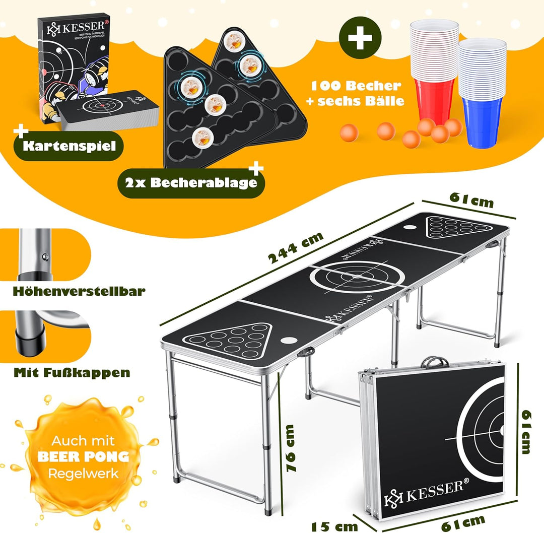 KESSER® Bier Pong Tisch Set mit Kartenspiel Trinkspiel - inkl. 100 Becher (50 Rot & 50 Blau), 6 Bäll