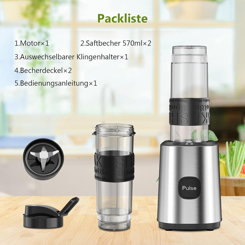 Mixer, Smoothie Maker, Standmixer, 500W Smoothie Mixer mit 2x570ml Smoothie Flaschen BPA frei Tritan