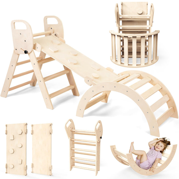 7-in-1 Montessori Klettergerüst Indoor Set, Verformbares Kletterdreieck mit Rutsche und Kletterbogen