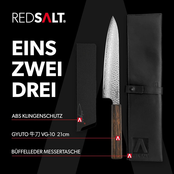 REDSALT® Professional Series GYUTO 牛刀 21cm Damaststahl Chefmesser handgefertigt in Japan | Profi Koc