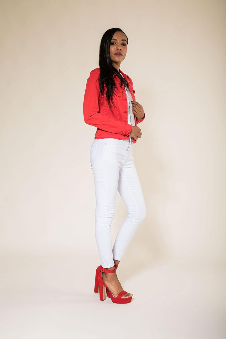 Nina Carter J212 Damen Slim-Fit Jeansjacke – Farbige Übergangsjacke mit Kent-Kragen und Taschen – Fr