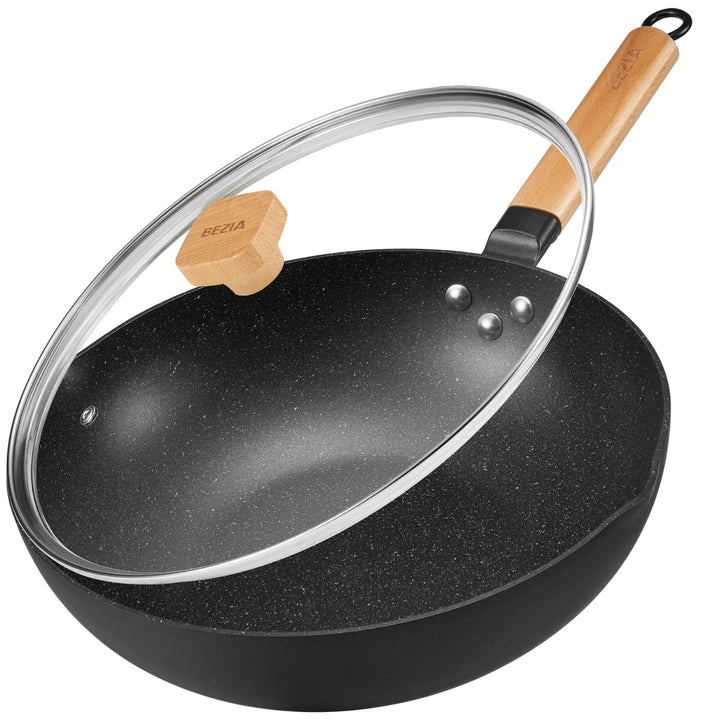 BEZIA Induktions Wok Pfanne mit Deckel, Antihaft-Wokpfanne 30 cm, Wok zum Braten mit Holzgriff, flac