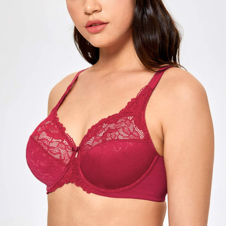 Delimira Damen Beauty Lace Nicht Gepolstert Minimizer Vollfigur Bügel-BH 90B Dunkelrot, 90B Dunkelro