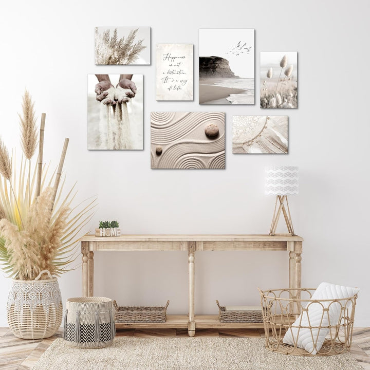 Novart Wandbilder Strand Boho - KOMPLETT AUFHÄNGFERTIG - Beige Wohnzimmer Schlafzimmer- 7 Moderne Mo